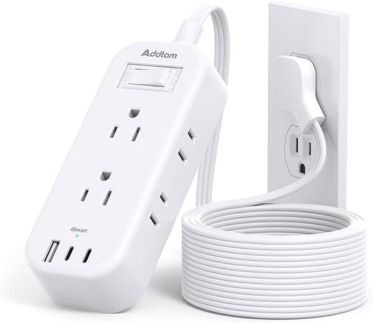 10Ft Extension Cord with Multiple Outlets, Addtam Flat Plug Power Strip Surge Protector Long Cord, Outlet Extender with 6 AC Outlets 3 USB (2 USB C), Multi Plug for Home College Dorm Room Essentials