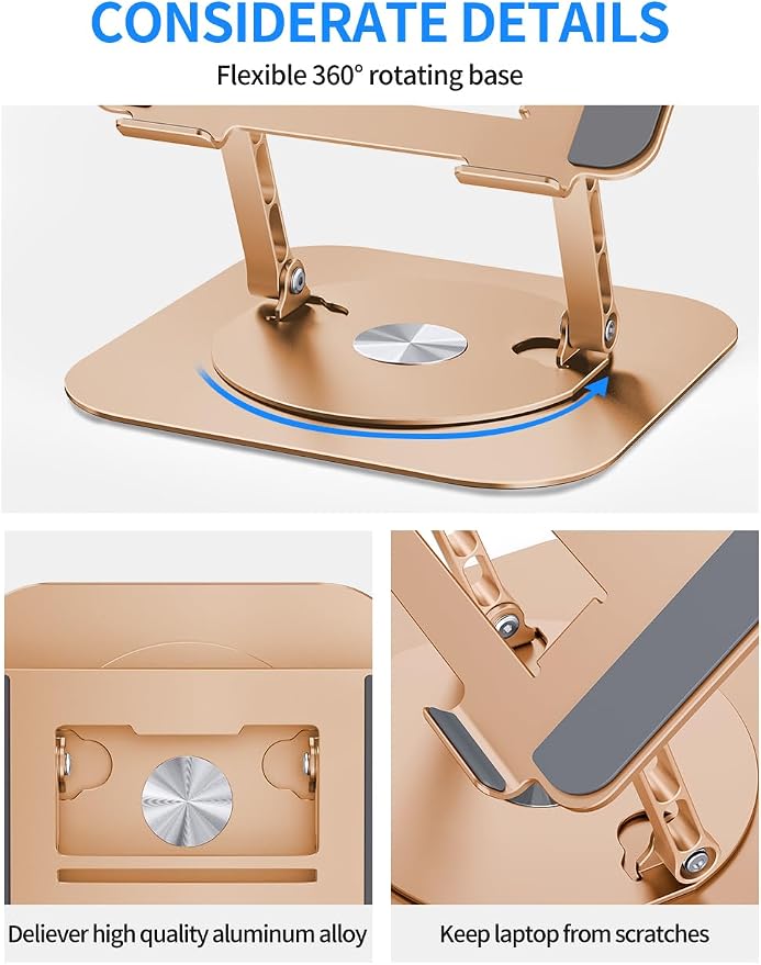 AOEVI Adjustable Laptop Stand with 360 Rotating Base, Computer Stand for Laptop Ergonimic Foldable Laptop Riser for Desk Compatible with MacBook Pro/Air Notebook up to 16 Inches, Gold