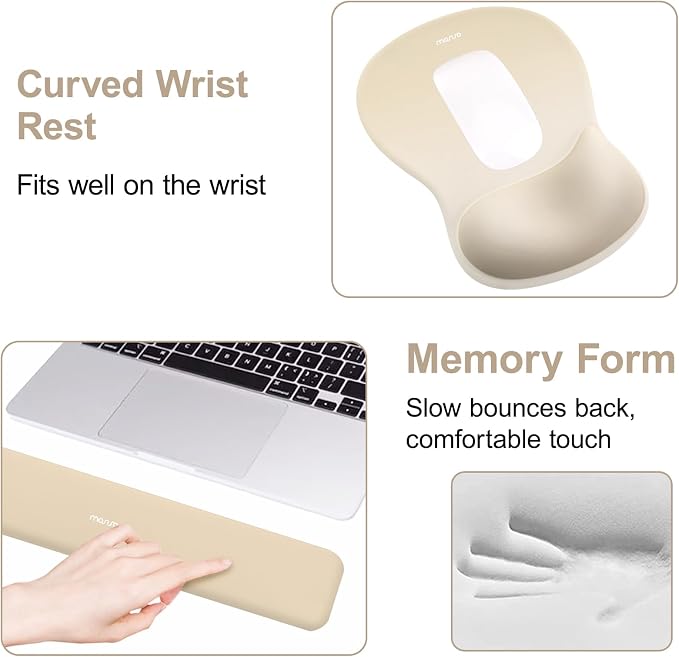 MOSISO Wrist Rest Support for Mouse Pad&Keyboard Set, Ergonomic Mousepad with Concave Curved Memory Foam, Non-Slip Base Pain Relief Comfortable Rectangular Easy Typing Pad for Home/Office, Khaki