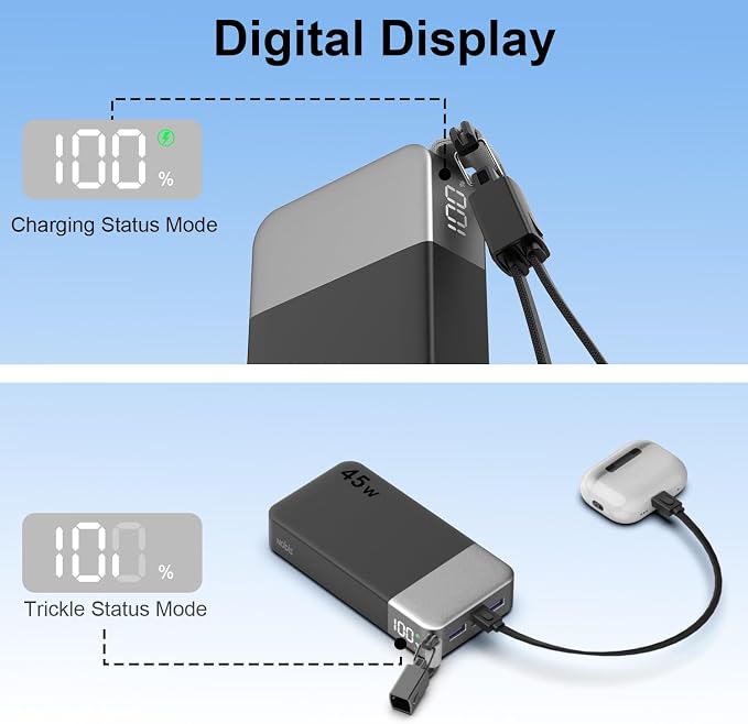 NOBIS Portable Charger 20000mAh, 45W Power Bank Fast Charging, 4-Output Battery Pack w/Detachable Dual Type-C Lanyard Cable & Hook, Battery Bank w/Digital Display for Phone, Laptop, Steam Deck