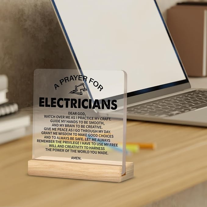 Electrician Gifts for Men Women Desk Accessories Decor Sign | Graduation Gifts for Electricians, Electrician Prayer, Home Office Living Room Desk Decor, Clear, Acrylic, 4 x 4 Inches