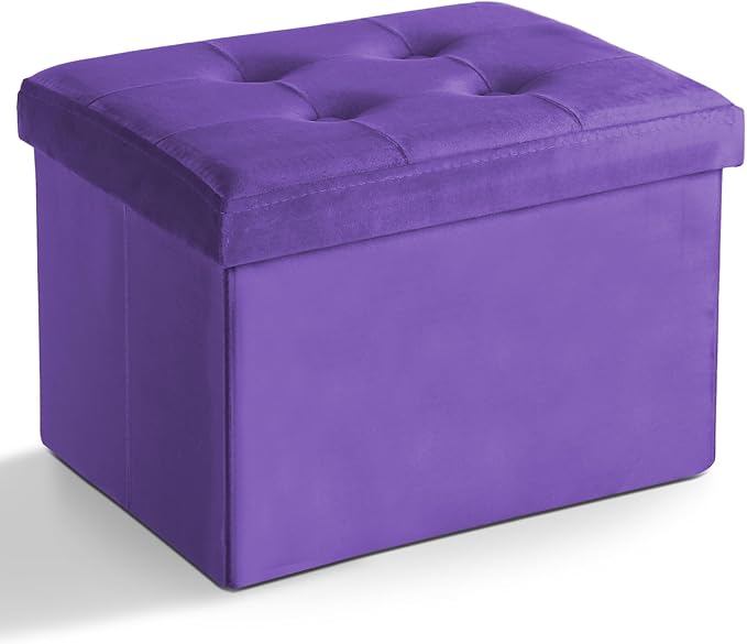 LINMAGCO Storage Ottoman Folding Foot Stool Velvet Foot Rest with Padded Modern Ottoman with Storage for Living Room Puppy Step Stool 17x13x13in(Purple)