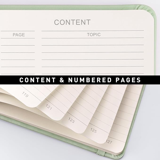 AHGXG Lined Journal Notebook, 160 Numbered Pages, A5 Medium Size (5.7'' x 8.3''), 120 GSM Thick Paper, for Men & Women, Journaling, Writing, Work & Office, Leather Hardcove (Light Green)