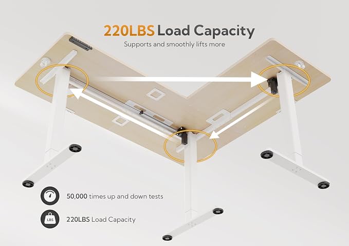 Claiks L Shaped Standing Desk Dual Motor 63x55in Adjustable Height Natural | Height 28.5-47.2 inch, 220lbs capacity, sturdy steel frame, splice board included, ideal for home office corner