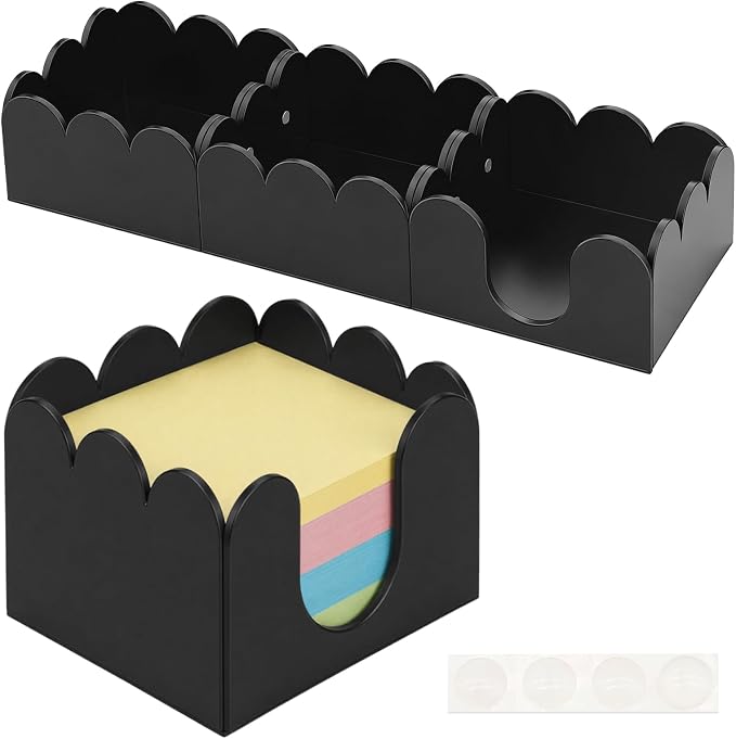 3Pcs Scalloped Acrylic Sticky Note Holder,Black Sticky Notes Dispenser 3x3 Thick Post it Notes Memo Pad Holder Non-Slip Desk Organizer for Office Home School Dorm Desktop