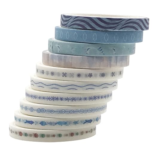 Vintage Pattern 5mm Wide Skinny Washi Tapes Set, 10 Rolls Blue Japanese Masking Decorative Tapes for Bullet Journal Planners DIY Decor Crafts Arts Scrapbooking Adhesive