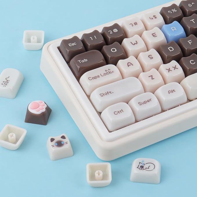 Sunzit Cute Cat Keycaps-Mao Profile,148 Keys Brown Siamese Cat Custom Keycaps 60 65 75 100 Percent,Cute Key caps Keyboard Keycap Set for MX Switches Mechanical Keyboard