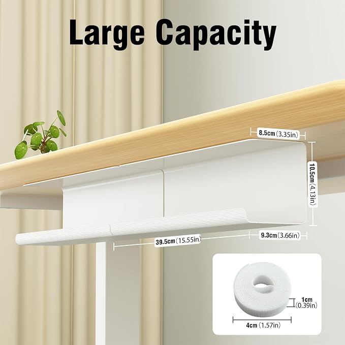 2 Pack No-Screw Cable Management Under Desk, Self-Adhesive Cord Organizer, Wire Management Tray for Office and Home (White)