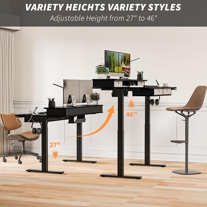 Kingant Electric Standing Desk with 4 Drawers,USB Charging Ports 48"x 30" | Ergonomic Height Adjustable Large Workstation, Heavy-Duty Sit Stand Up Desk For Home Office Daily Work,Black