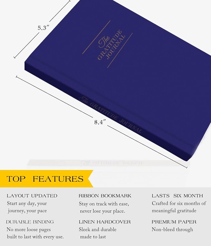 The Original Gratitude Journal with Inspiring Prompts & Quotes for Mindfulness, Reflection & Personal Growth - Daily Wellness Journal for Men & Women - Luxurious Linen Blue Cover