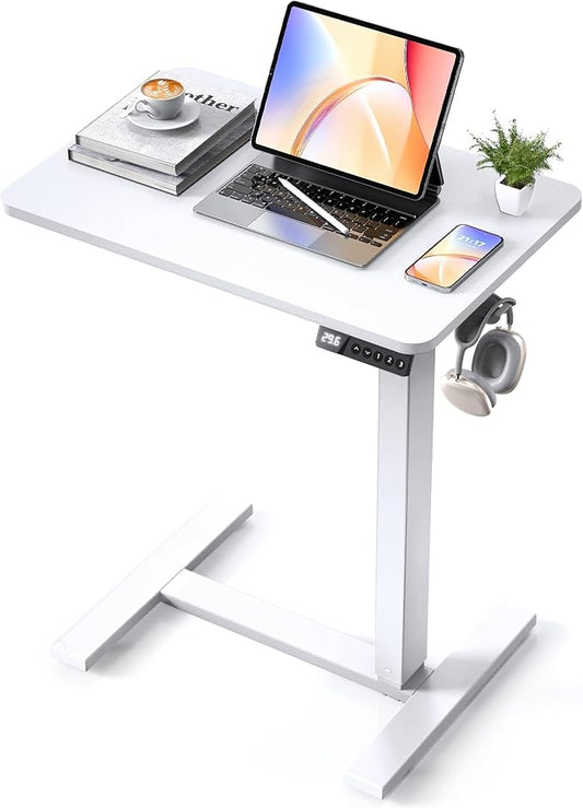 24"x 16" Electric Overbed Table, Rolling Laptop Desk for Bed, White | Height Adjustable Bedside Desk with Hidden Wheels, Mobile Standing Desk for Sofa, Home Office & Hospital Use