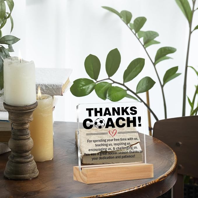 Soccer Coach Gifts for Men Thank You Appreciation Desk Decor Sign | End of Season Soccer Gift for Coach, Home Office Desk Decorative Sign, Clear, Acrylic, 4 x 4 Inches