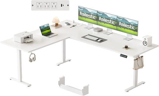 Agilestic Electric L Shaped Standing Desk 75 x 61 Inch with Power Outlet, Height Adjustable Corner Stand up Desk with Cable Management,Sit Stand Home Office Workstation with Splice Board, White