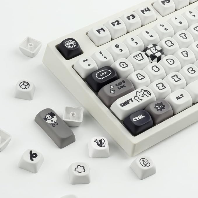 Sunzit PBT MOA Keycaps, Cute White Keycaps, 131 Keys, Dye-Sublimation Custom Keyboard Keycap Set for 61/64/68/84/87/100/104/108 Cherry MX Mechanical Keyboard, Cat and Dog