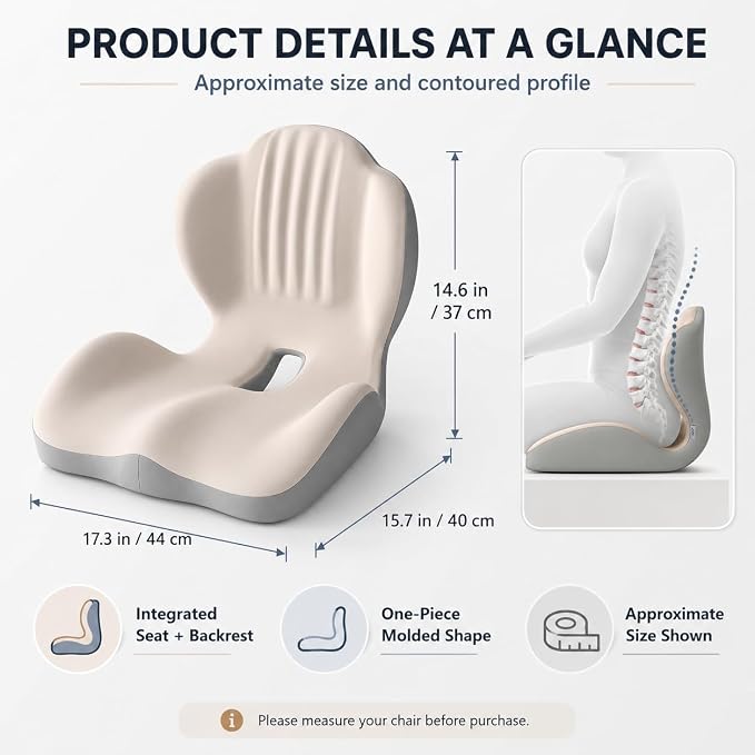 Saker Ergonomic Memory Foam Seat Cushion with Back Support, 2-in-1 Coccyx Cutout Chair Pad for Office, Car, Gaming Chair and Wheelchair, Contoured Lumbar Support for Long Sitting，Beige