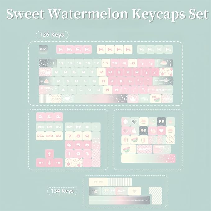 Cute MOA Keycaps,Gradient Pink Kawaii Round Keycaps Custom 133 Keys Keycap Set Thick PBT Keycap for Cherry MX Switch 75% 60% Mechanical Gaming Keyboard Creamy Watermelon Key Cap