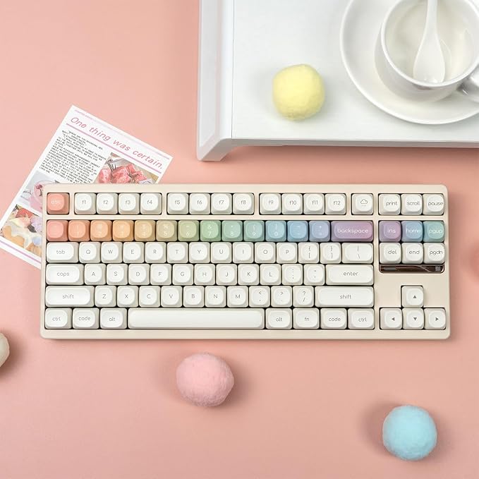 MOA Profile Keycaps, Rainbow PBT Keycap, Minimalist White Cute Round Keyboard Keycap, Dye-Sublimation Colorful Custom Key Cap for 61/64/68/84/87/100/104/108 Cherry MX Mechanical Keyboards(124 Keys)