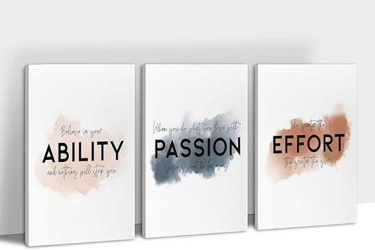 3 Piece Inspirational Wall Art - ABILITY PASSION EFFORT Motivational Quotes Canvas Print for Men Room Decor, Office Wall Art Pictures, Inspirational Poster Framed Artwork for School Decor 12”x18”x3Pcs