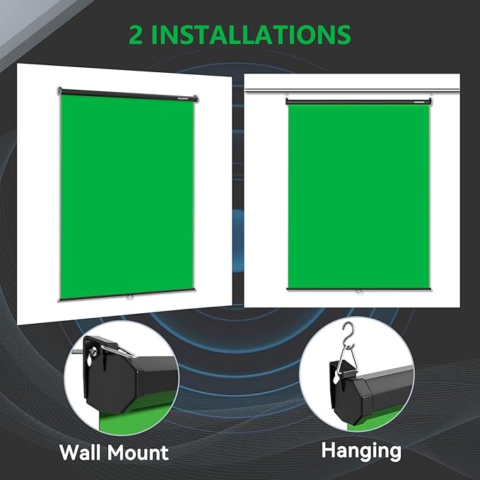 RAUBAY Retractable Pull Down Green Screen - 59.8" x 86.6" Collapsible Wall-Mount Background for Professional Video Production, Chroma Key Backdrop for YouTube, TikTok, Streaming, Video Conferencing