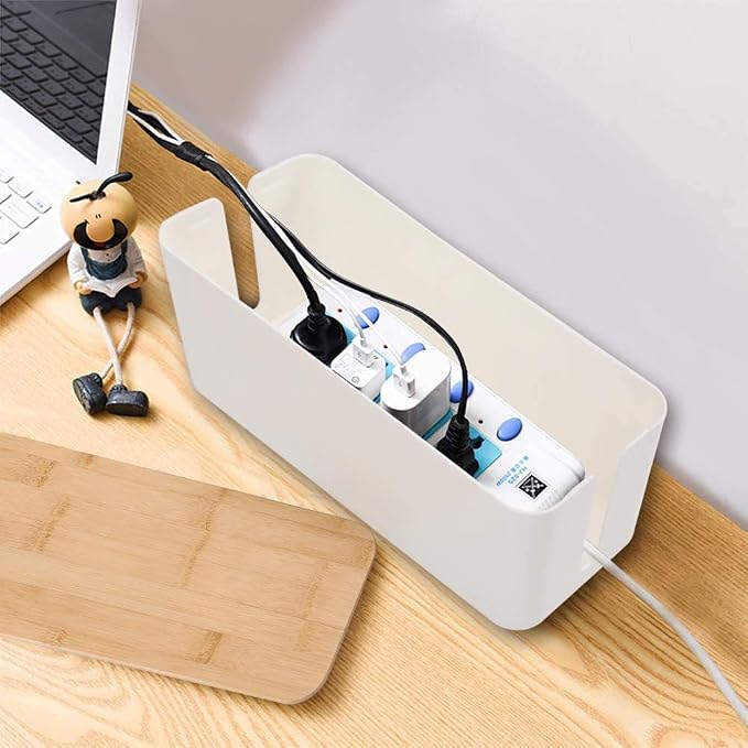 PowerKing Cable Management Boxes Organizer, Bamboo Lid, Large Storage Wires Keeper Holder for Desk, TV, Computer, USB Hub, System to Cover and Hide & Power Strips & Cords (Ice White)