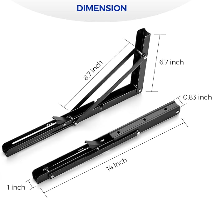 Ravinte 2 Pack 14 Inch Folding Shelf Brackets – Matte Black, Heavy Duty Collapsible Brackets for Tables and Benches – Space-Saving Design