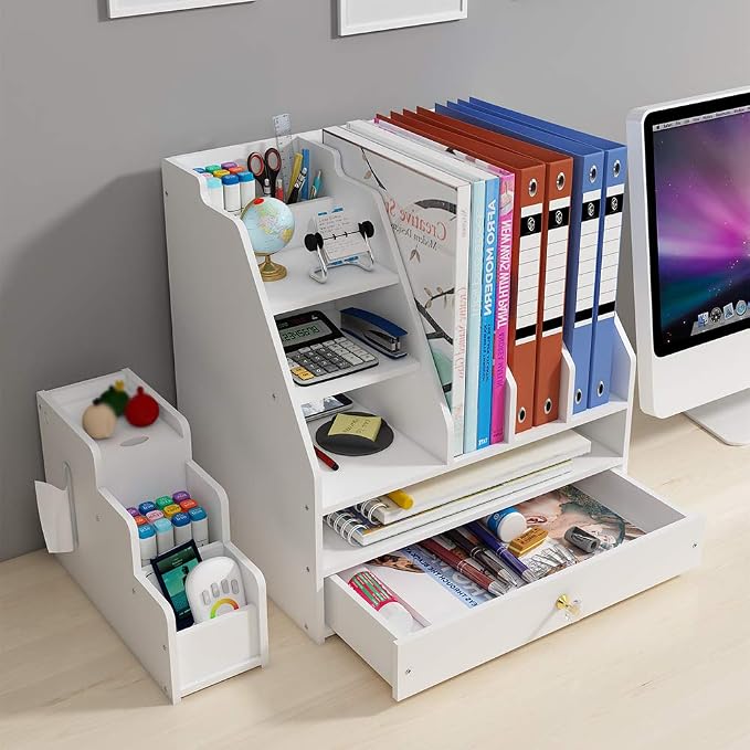 Desk Organizer with Pen Holder, DIY White Office Stationery Desktop Storage Holder Sorter with Drawer for Home, Office and School (PB04)