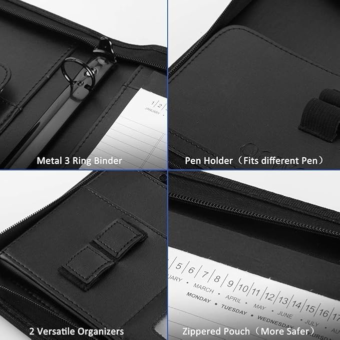 OOWOLF Padfolio Portfolio Folder, PU Leather Professional with Round Ring Binder 8.5 x 11 Inch Writing Pad Tablet Sleeve Interview Resume Document Organizer Business Card Holder Zippered Closure
