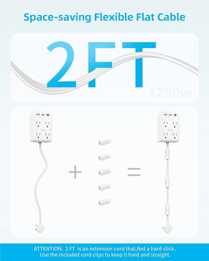 Short Power Strip 2FT - Flat Wall Extension Cord with 4AC Outlet and 3 USB Ports(1 Type C), Multi Plug Outlet Extender Small Surge Protector for Home Office Dorm, White