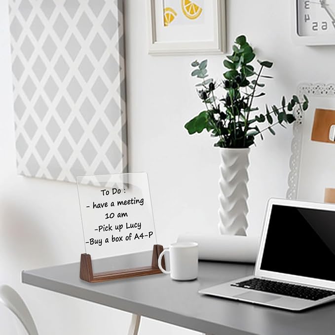 Acrylic Dry Erase Board with Walnut Wood Base, Clear Desktop Whiteboard Memo Board, Desktop Writing Note Pad, Mini Acrylic Board for Tabletop Display(Walnut Base,Acry