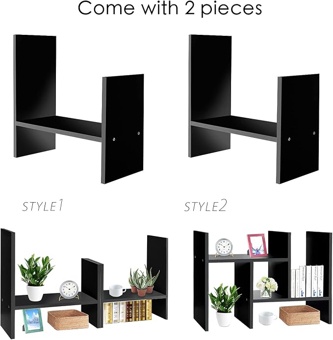 J.M.Deco Desktop Organizers and Storage for Office, Adjustable Desktop Organizer Shelf Double H Display, True Natural Stand Shelves, Black