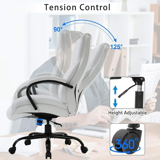Big & Tall Office Chair Heavy Duty 50 Pound Computer Desk Chair, Ergonomic High Back Task Roller Swivel Chair with Lumbar Rest PU Leather Classic Executive Chair for Men Women White-10set