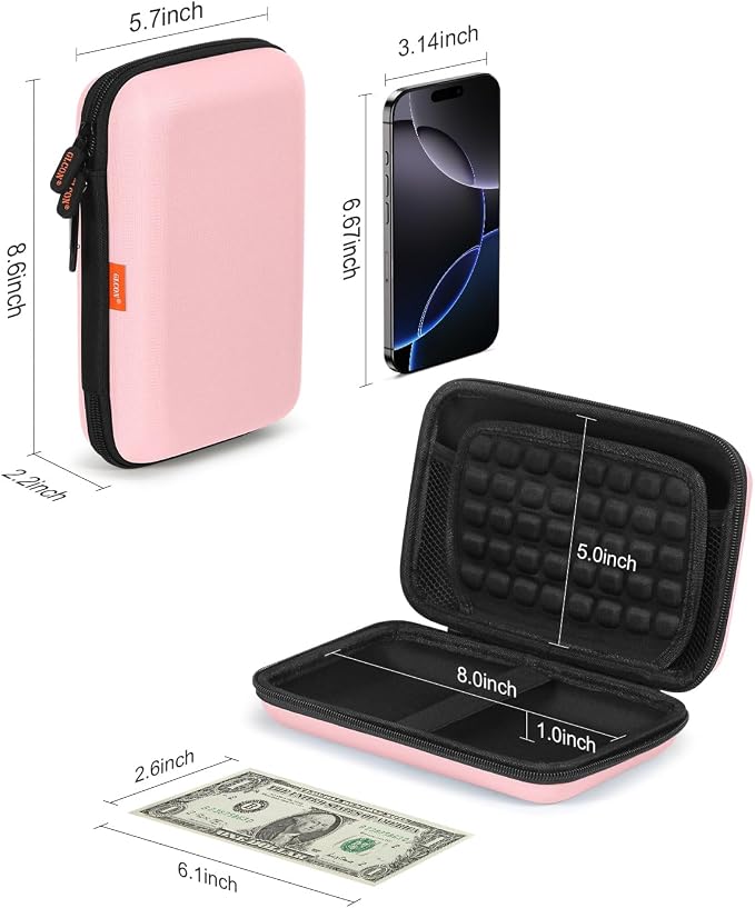 Gentle-Pink Hard Shell Carrying Case for External Hard Drive, Hard Disk, Power Bank, Charger, Cable, Tool, Electronic Accessories - Large Storage Pouch Portable Travel Bag Case for Women Girls Lady