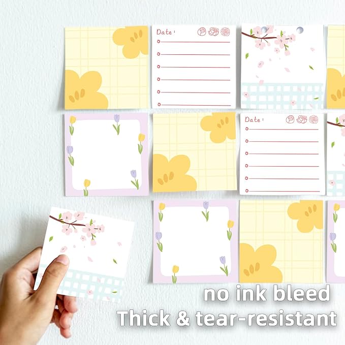 4-Pads 3x3 Sticky Notes, Aesthetic Memo Pads with High-Adhesive, Cute Self-Stick Notes, Reusable & Tearable for Journal Planners Office School Home, Plant Stationery Gift - Floral Notes