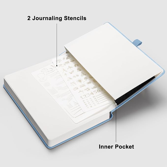 RETTACY Dotted Journal Notebook, 192 Pages, A5 Medium Size (5.7'' x 8.3''), Leather Hardcover, 100 GSM Thick Paper, for Journaling, Planning, Tracking (Light Blue)