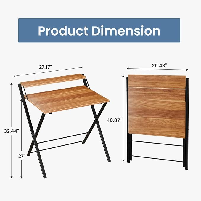 Simple Deluxe No Assembly Folding Desk with Shelf, 2-Tier Compact Computer Table, Space Saving Foldable Table for Home Office, Dorm or Apartment, Portable Collapsible Sturdy Laptop Desk, Brown