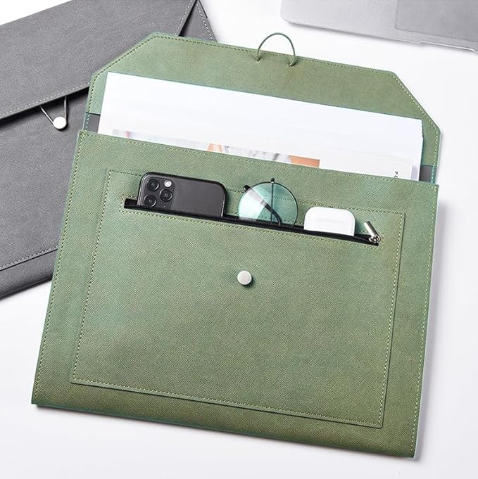 PU Leather A4 File Folder Document Holder 2 Pockets Portfolio Envelope Folder Case with Elastic String 3/4 Inch Expansion (Green)