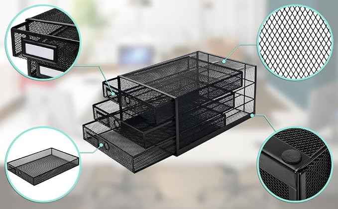 EXERZ Paper Sorter 3 Tier Drawers A4 / Multifunctional Desk Organiser/Letter Tray - Documents, Magazines, Notebooks and Letters | Pull Out Metal Mesh Drawers For A4 Documents Magazines Notebooks And Letters Space Saving Storage For Office Home Study