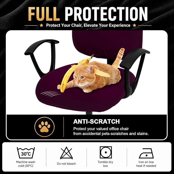 Stretchable Desk Office Chair Seat Covers - Universal Spandex Computer Chair Slipcover - Removable Washable Rotating Backrest Coverings & Cushion Protectors for Dogs, Cats, Pets, Plum