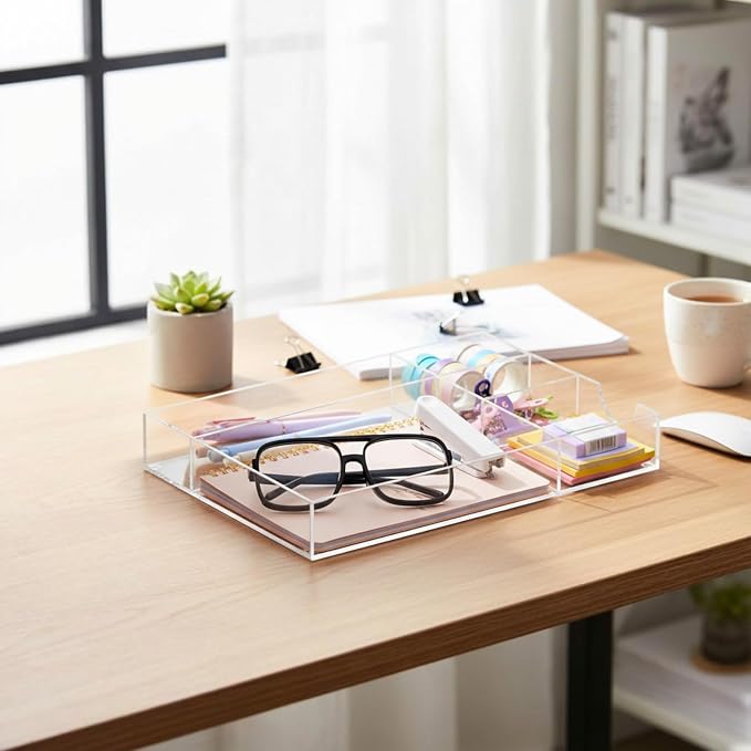 Briwooody Clear Acrylic Drawer Organizer,5 Compartments,Large | 12.2 x 8.27 x 1.77 Inch Desk Storage Tray Organizer for Pen, Stationery, Desktop, Office, Bathroom, Kitchen, Makeup Supplies