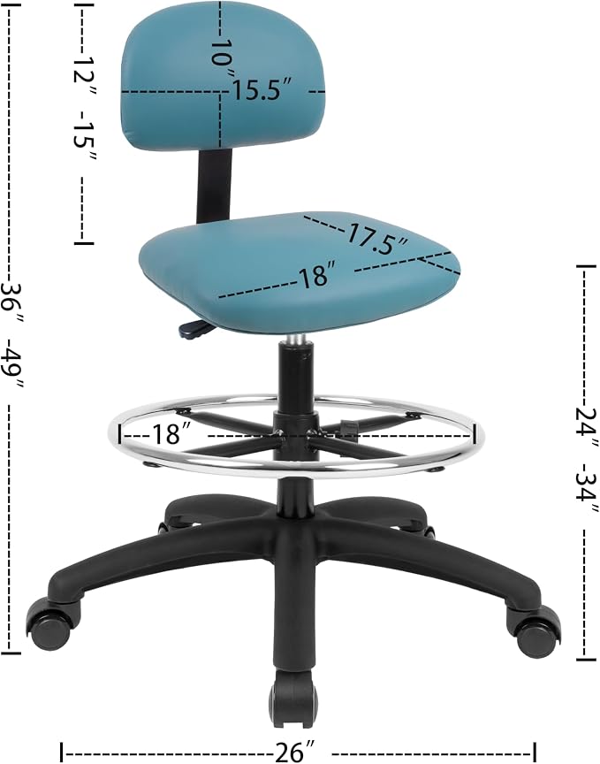 FSS Series Square seat Tall (24"-34") seat Height Chair. Vinyl-for Office, Garage, Desk, Shop, Computer, Doctor, Medical, Easy to Clean! 18" Footring (Aqua, Tall, Self Braking Casters)