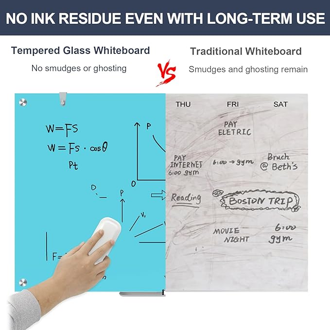 White Board Dry Erase Board 36x24 Inches Magnetic Glass Whiteboard, Large White Board for Wall Office School Classroom Home, 3x2 Feet Blue Glass Whiteboard Wall Mounted