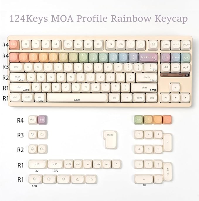 MOA Profile Keycaps, Rainbow PBT Keycap, Minimalist White Cute Round Keyboard Keycap, Dye-Sublimation Colorful Custom Key Cap for 61/64/68/84/87/100/104/108 Cherry MX Mechanical Keyboards(124 Keys)