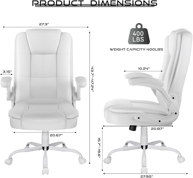 Ergonomic Office Chair with Flip-up Armrests, Big and Tall Leather Executive Office Chair, High Back Lumbar Support Home Computer Desk Chair, Heavy and Duty Computer Chair (White)