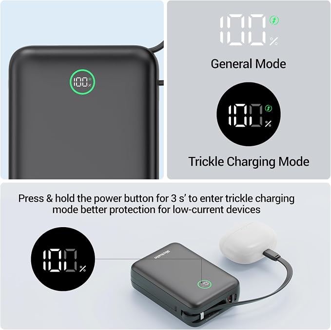Hichain 20,000mAh 35W Power Bank Fast Charging Portable Charger for iPhone 17/16/15/14/13, iPad, Android, LED Display 4 Outputs Battery Pack Built in Dual Cables Portable Travel Charger Gray
