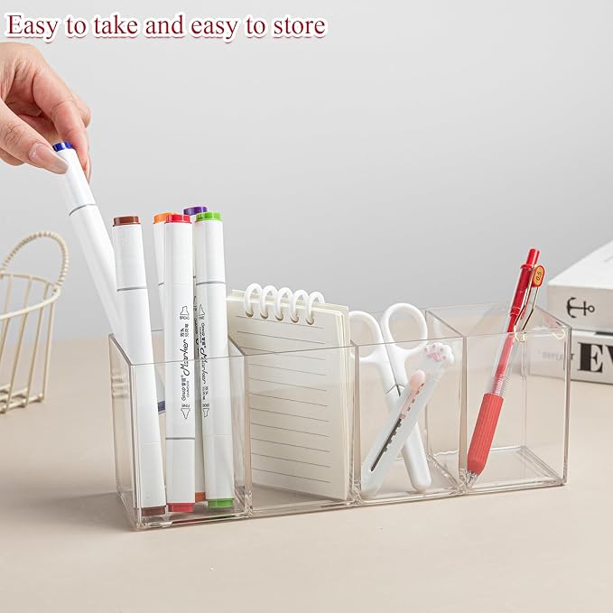 4 Compartment Acrylic Pen Holder, Large Capacity Clear Makeup Brush Organizer for Desk, Multi-Section Pencil Caddy for Office Supplies, Cosmetics, and Art Markers, Heavy-Duty Storage Container