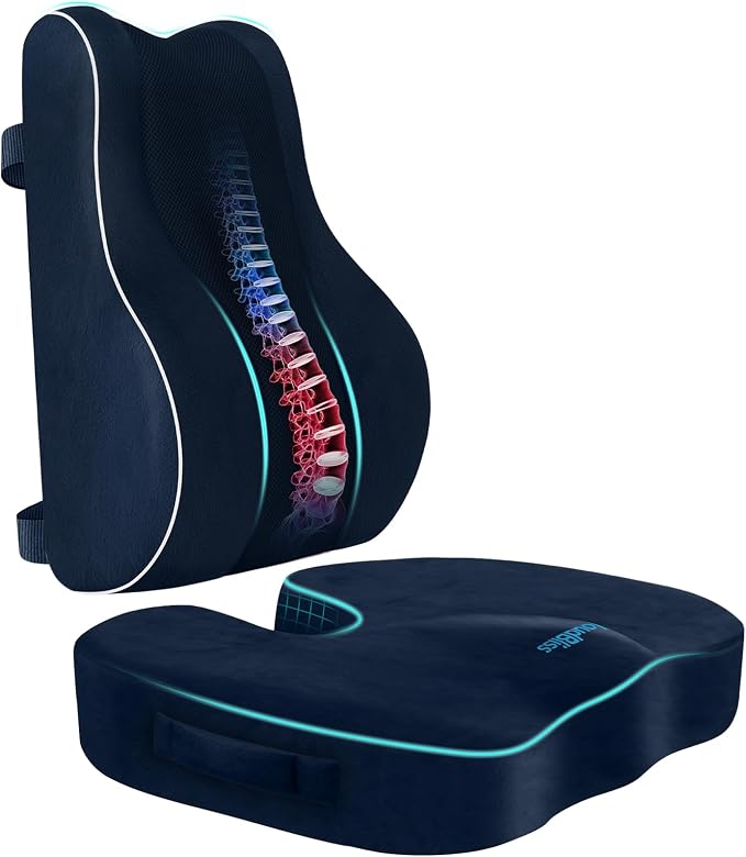 CloudBliss Lumbar Support Pillow, Memory Foam for Office Chair, Blue | Ergonomic High-Density Memory Foam, Adjustable Straps, Washable Mesh Cover, Lower Back Support for Office, Gaming & Car Seat