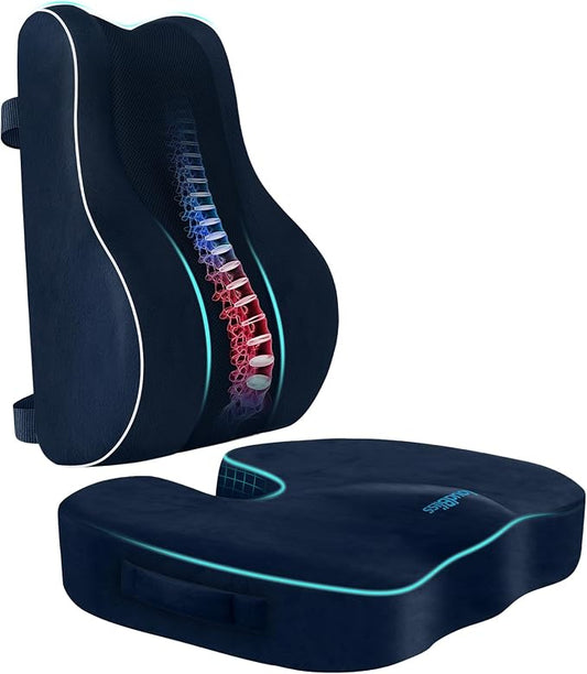CloudBliss Lumbar Support Pillow, Memory Foam for Office Chair, Blue | Ergonomic High-Density Memory Foam, Adjustable Straps, Washable Mesh Cover, Lower Back Support for Office, Gaming & Car Seat