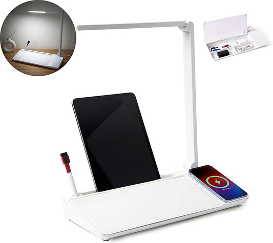 GAROOD Desktop Dry Erase Board with Storage Wireless Charger LED Lamp Desk White Board Desk Board Glass Board with Stand Home Office Organizer Phone Holder 15.8X7X2 inches