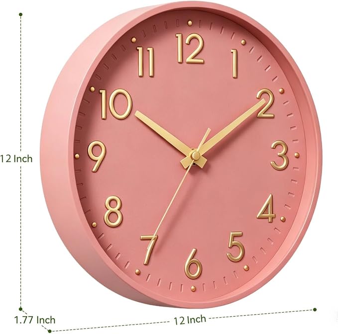 Mosewa 12 Inch Wall Clock Battery Operated Silent Non Ticking Analog | Pink Gold modern clock; oversized 3D easy-read dial for kitchen, bedroom & office; 1 AA battery (not included)