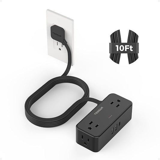 TESSAN Flat Plug Extension Cord 10 FT, Surge Protector Power Strip with 4 AC Outlets 1 USB C and 2 USB A Ports, 900 Joules Protection, Multiple Wall Outlet Extender Suitable for Office Dorm, Black